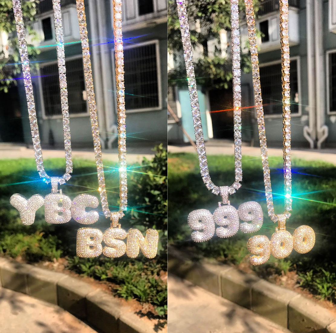 Iced Out Bubble Letter Name Necklace on a Tennis Chain