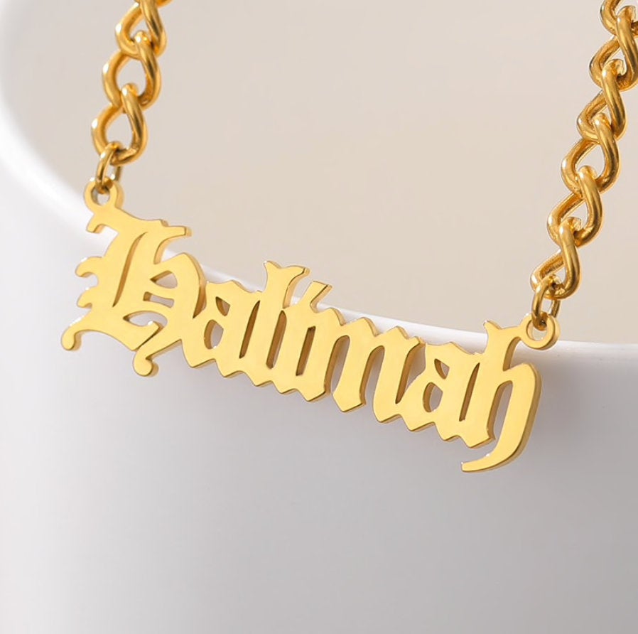 Personalized Old English Necklace on a Cuban Link Chain