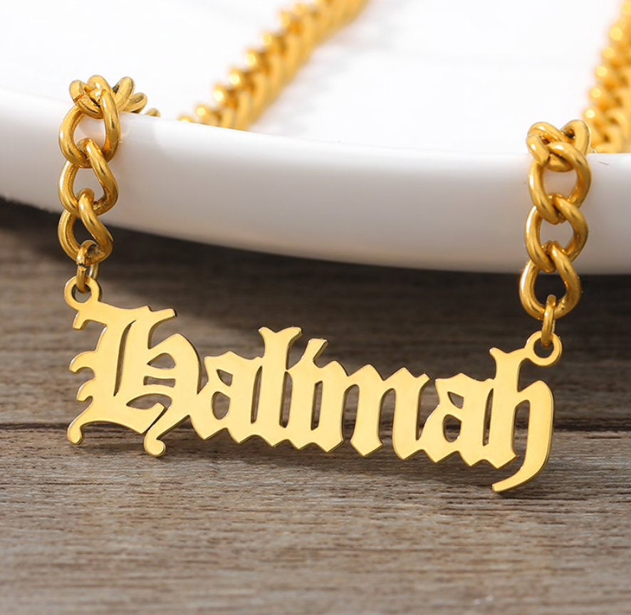 Personalized Old English Necklace on a Cuban Link Chain